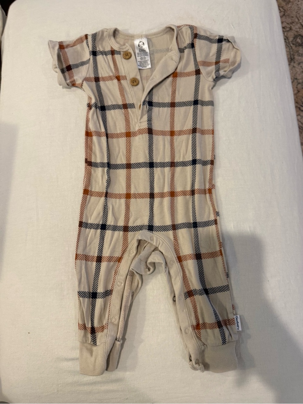 Gerber Beige Plaid Short-Sleeve One-Piece Footie